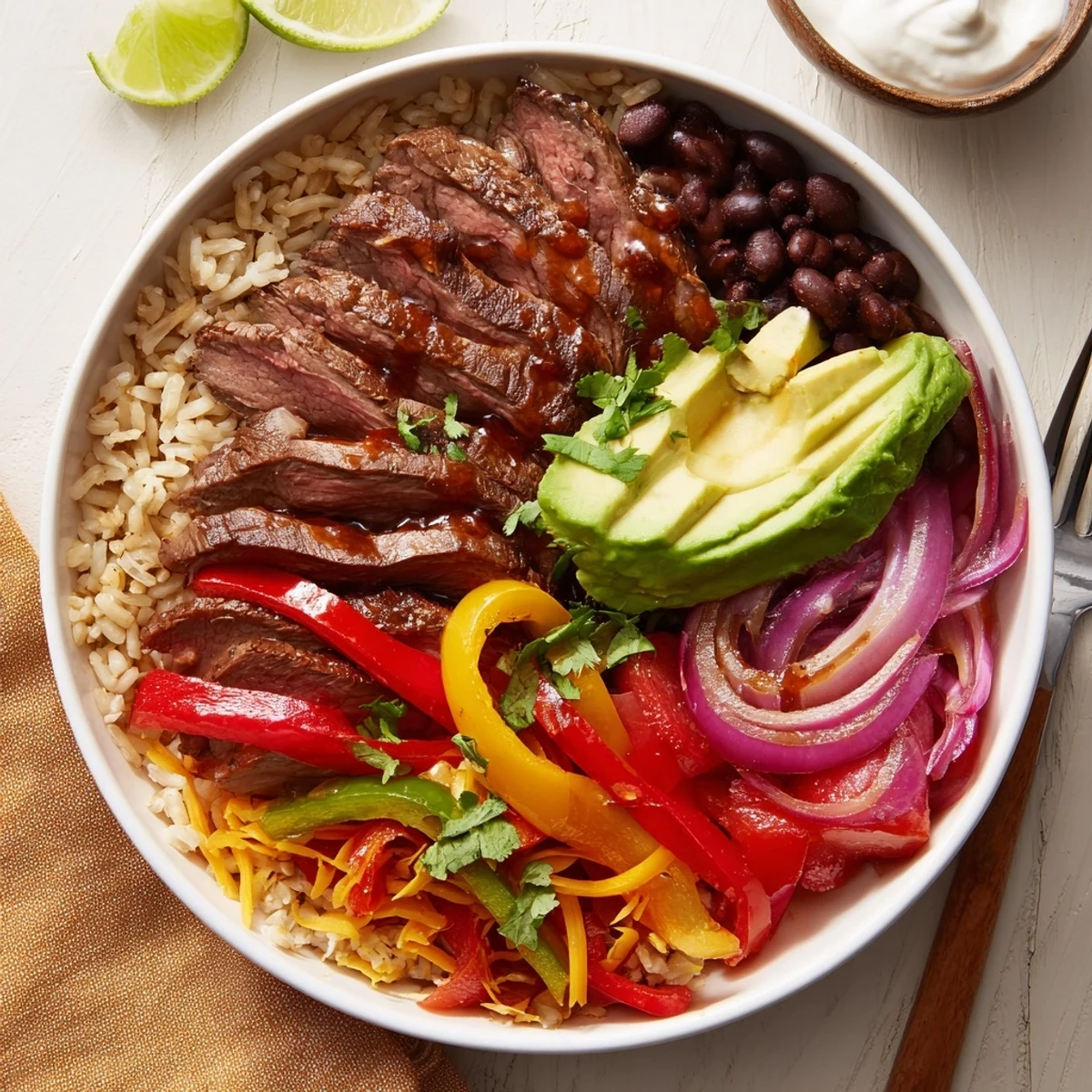 Steak Fajita Power Bowls with sizzling marinated steak, charred peppers, avocado.