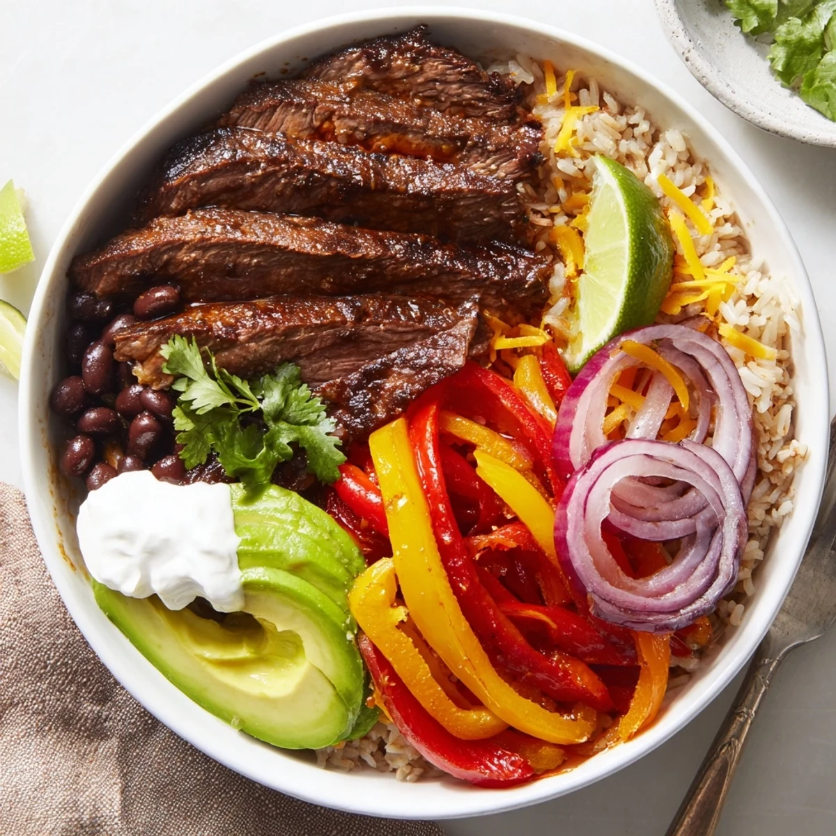Bright Steak Fajita Power Bowls layered over warm brown rice and beans.