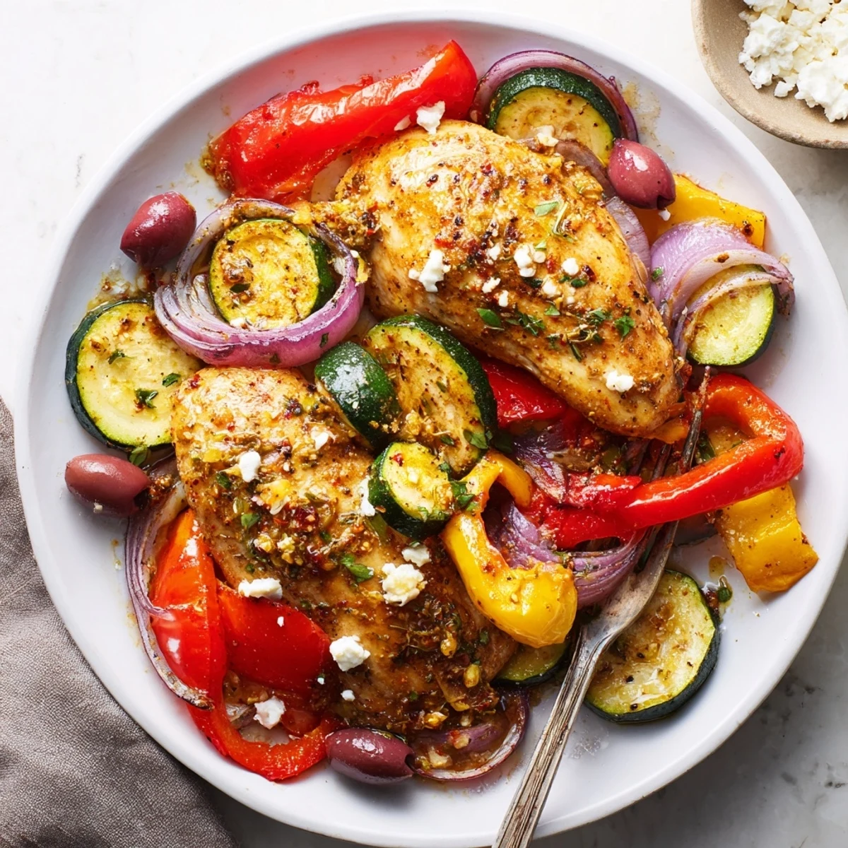 Sheet Pan Mediterranean Chicken Zucchini roasting with fragrant lemon, olives, and feta.