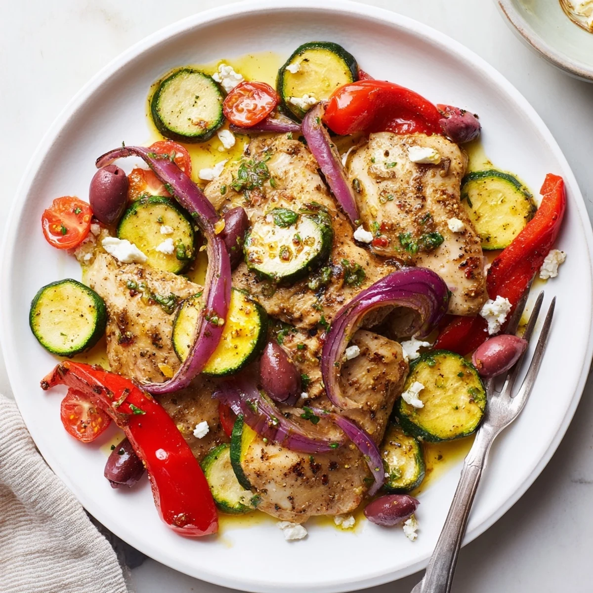 Caramelized edges on Sheet Pan Mediterranean Chicken Zucchini, served with warm pita.