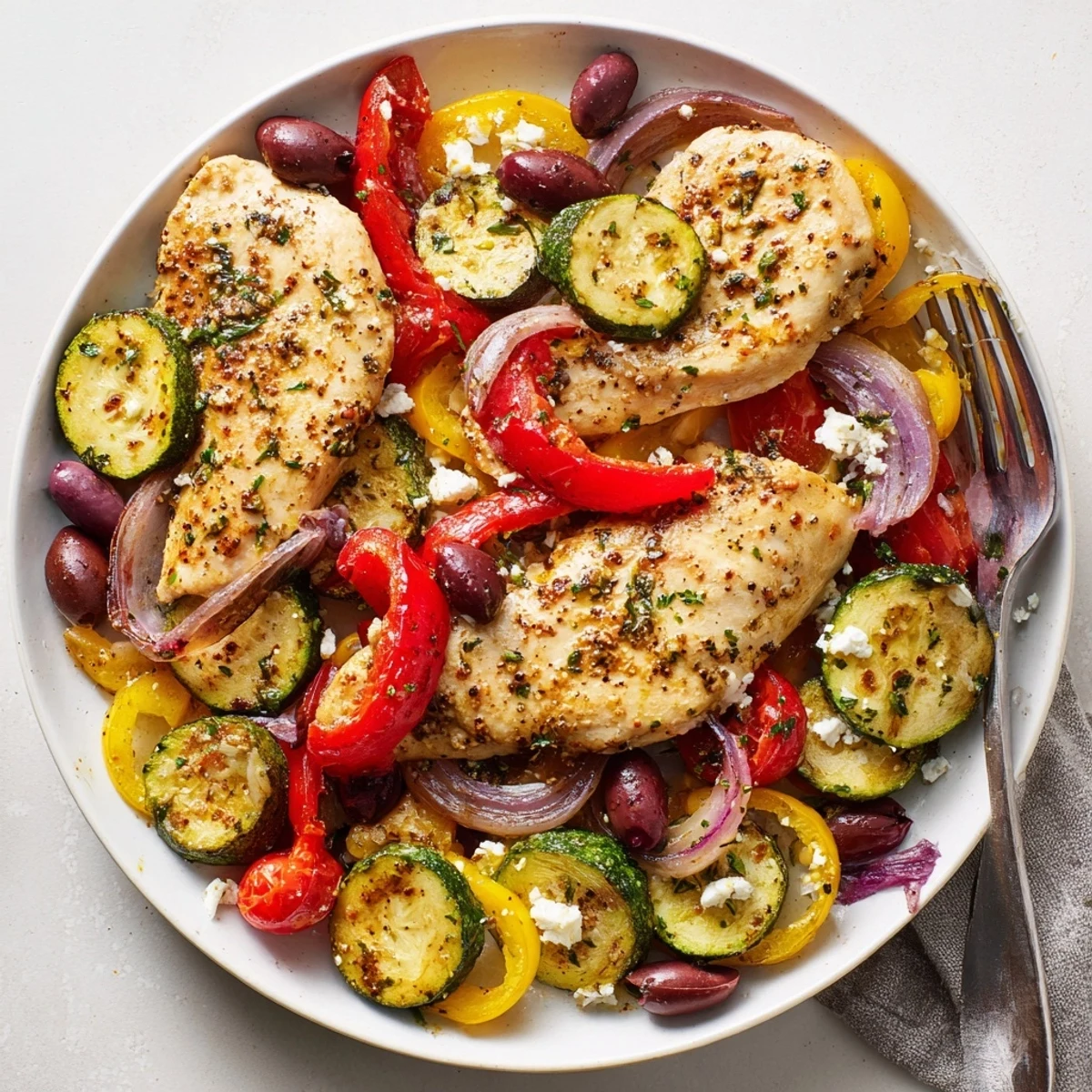 Bright, lemony Sheet Pan Mediterranean Chicken Zucchini with roasted peppers and olives.