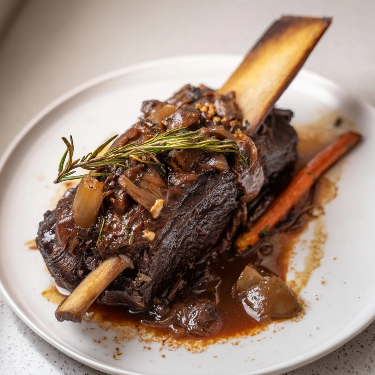 Fork-tender Slow Cooker Beef Short Ribs nestled beside caramelized onions and herbs