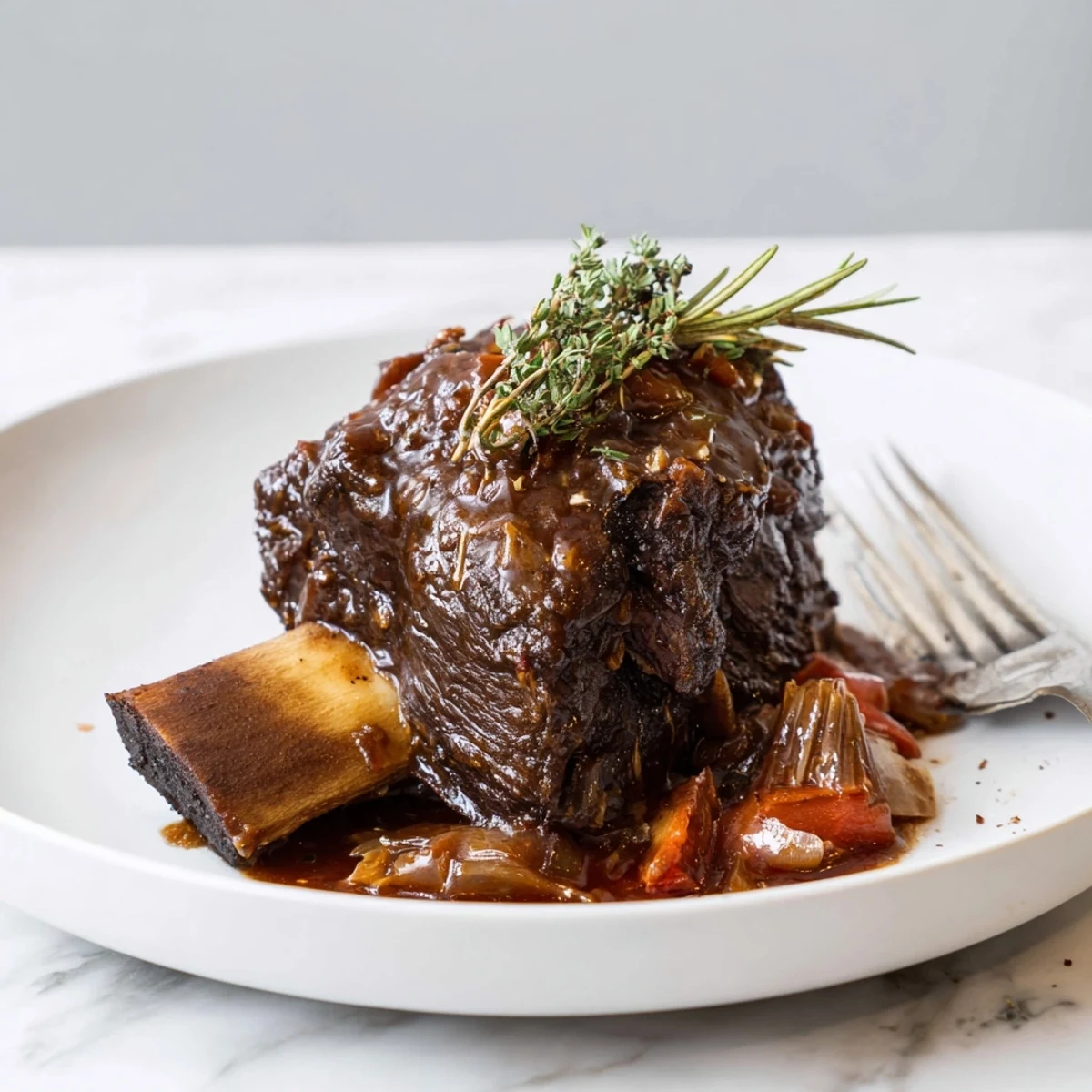 Plate of creamy polenta topped with thyme-scented Slow Cooker Beef Short Ribs