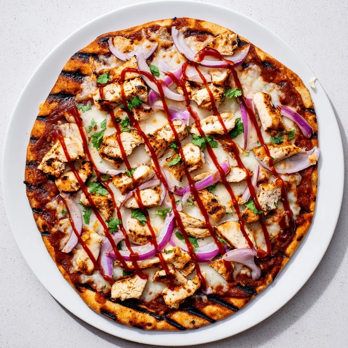 Close-up of grilled BBQ chicken pizza featuring tangy sauce, melted cheese blend, and tender spiced chicken on grill-marked dough