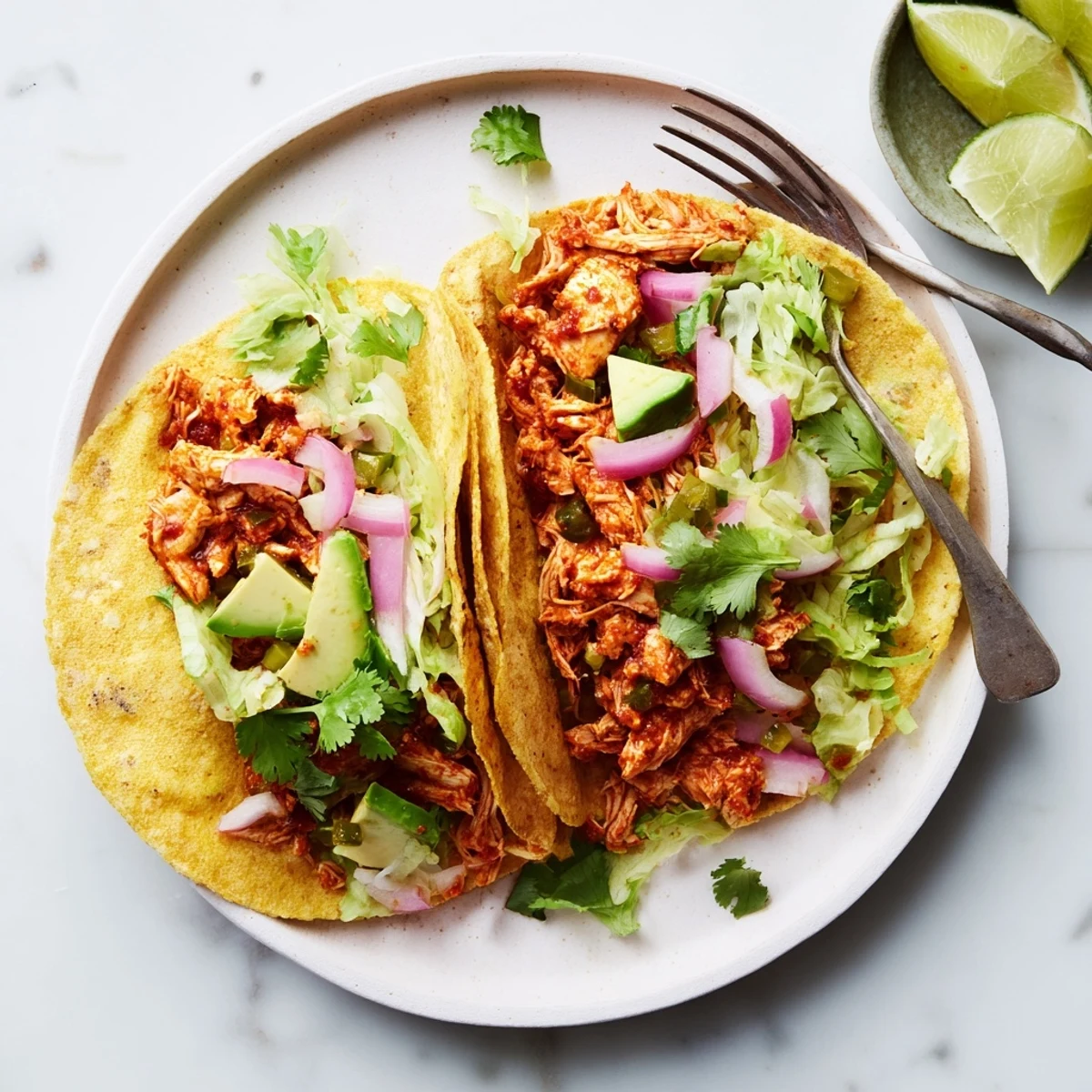 Golden shredded chicken tacos piled high with fresh toppings and zesty lime