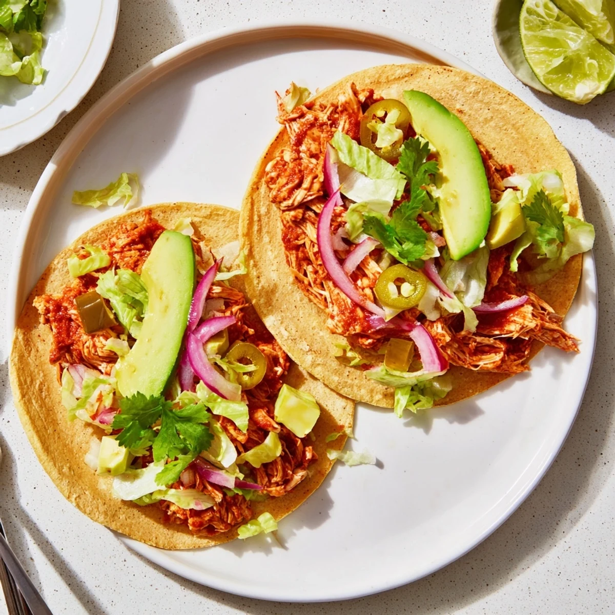 Slow cooker chicken tacos recipe with tender meat and colorful garnishes on plate