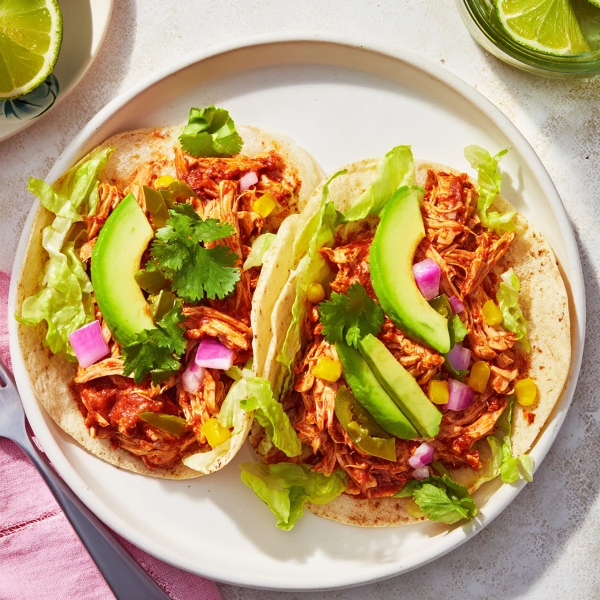 Mexican spiced chicken filling served in warm tortillas with vibrant fixings