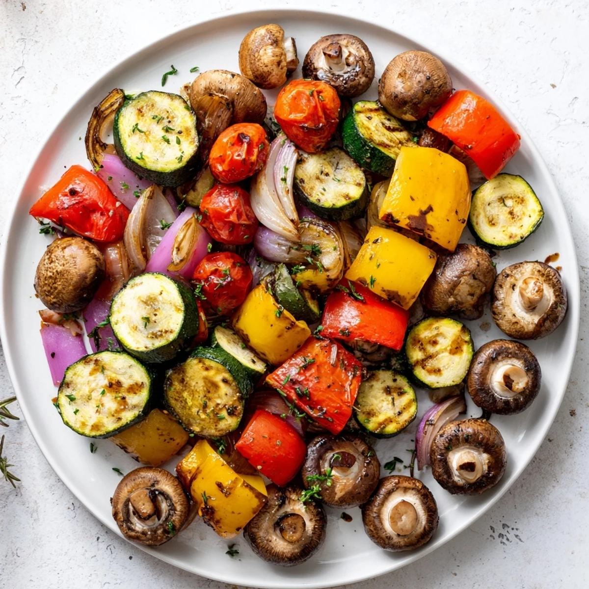 Plate of BBQ grilled vegetables marinated in herbs and balsamic vinegar, perfectly charred and tender