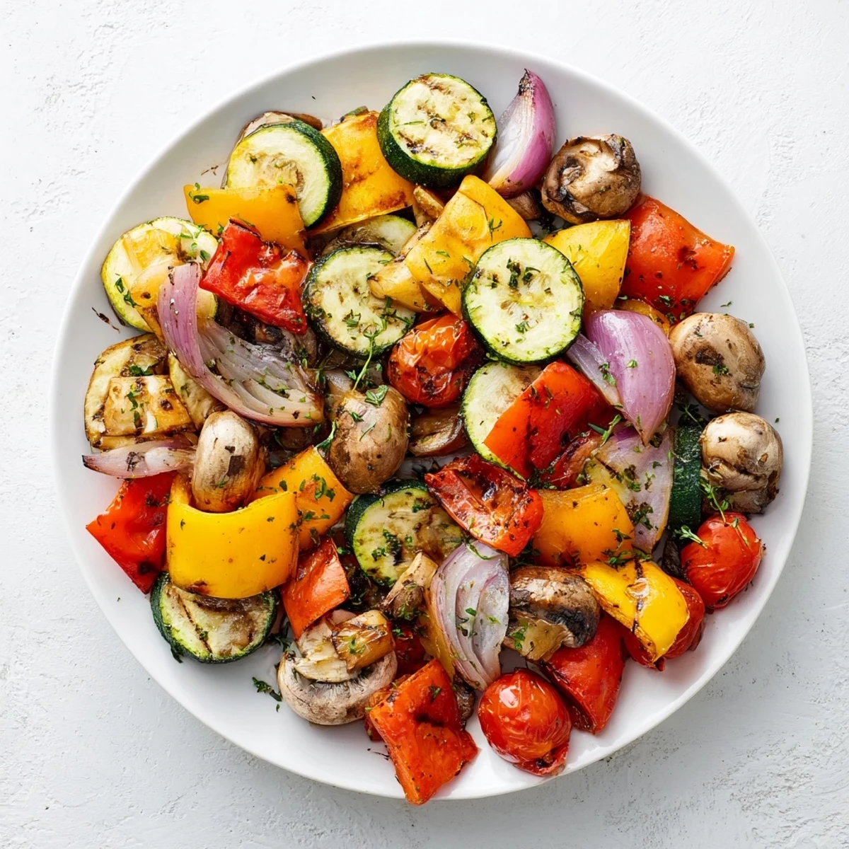 Summer spread of marinated grilled vegetables including red onion, cherry tomatoes, and mushrooms ready for serving