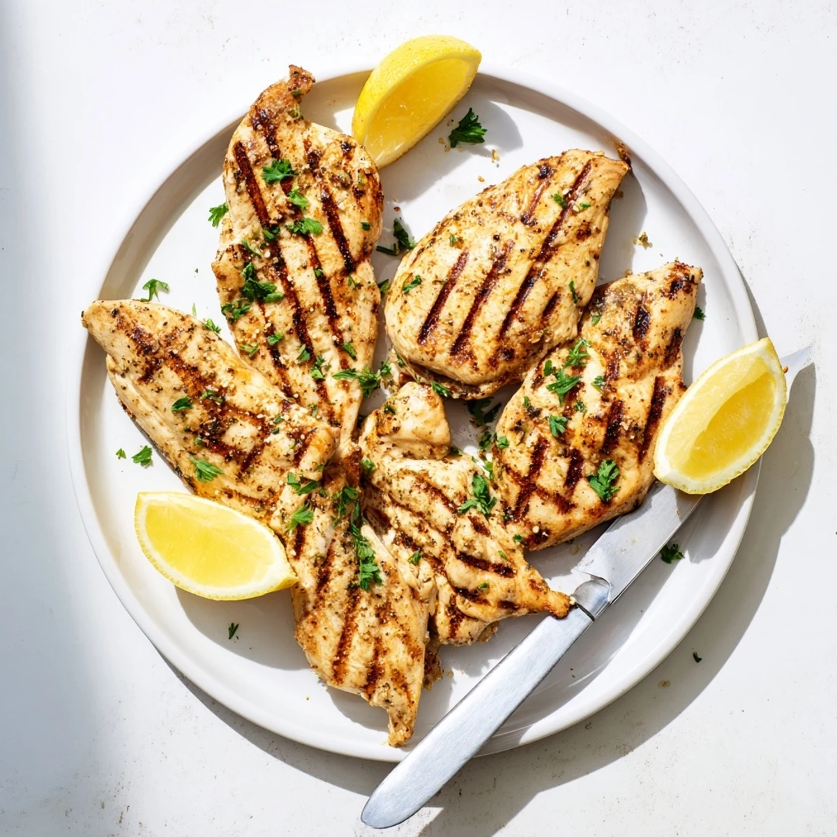 Golden brown grilled chicken breast with herbs and lemon marinade on a white plate
