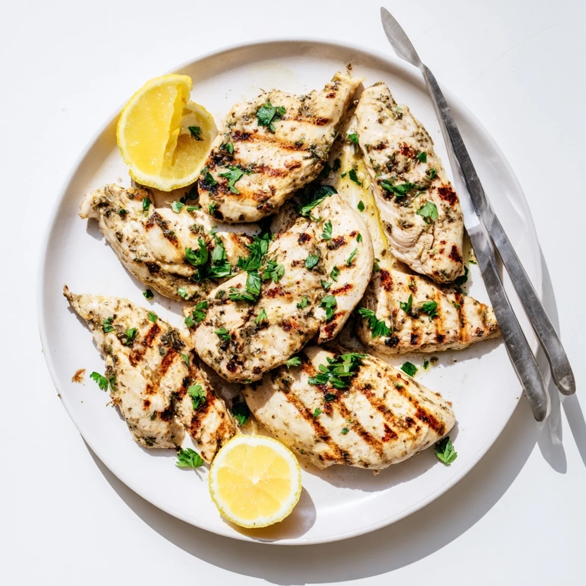 Juicy herb marinated grilled chicken resting on a cutting board with fresh parsley garnish