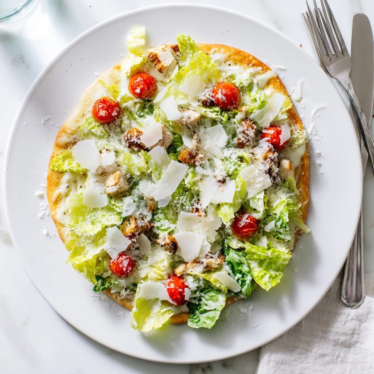 Crispy crust pizza topped with juicy chicken, creamy Caesar dressing, and shaved Parmesan