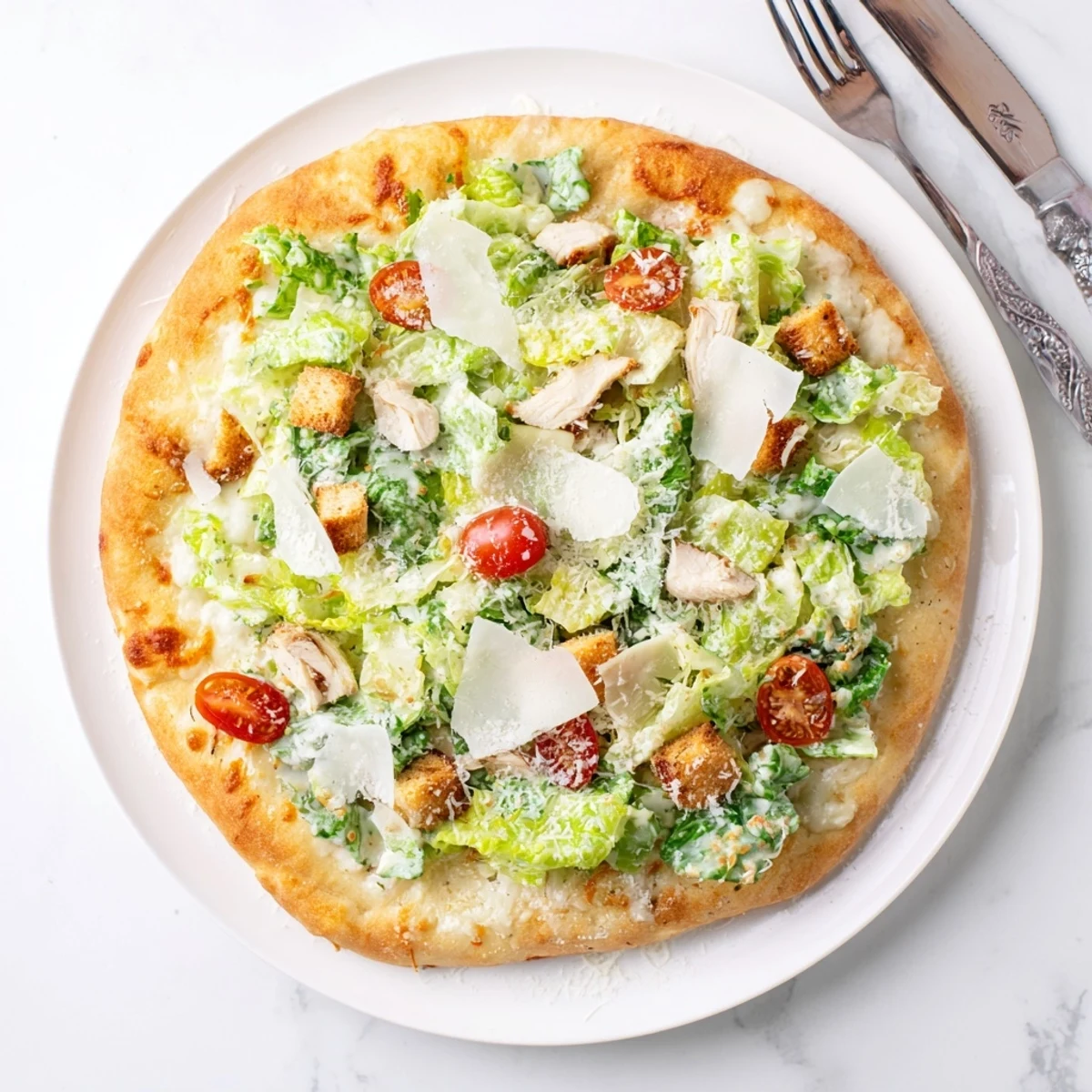 Golden chicken Caesar salad pizza bubbling with mozzarella and fresh romaine lettuce topping