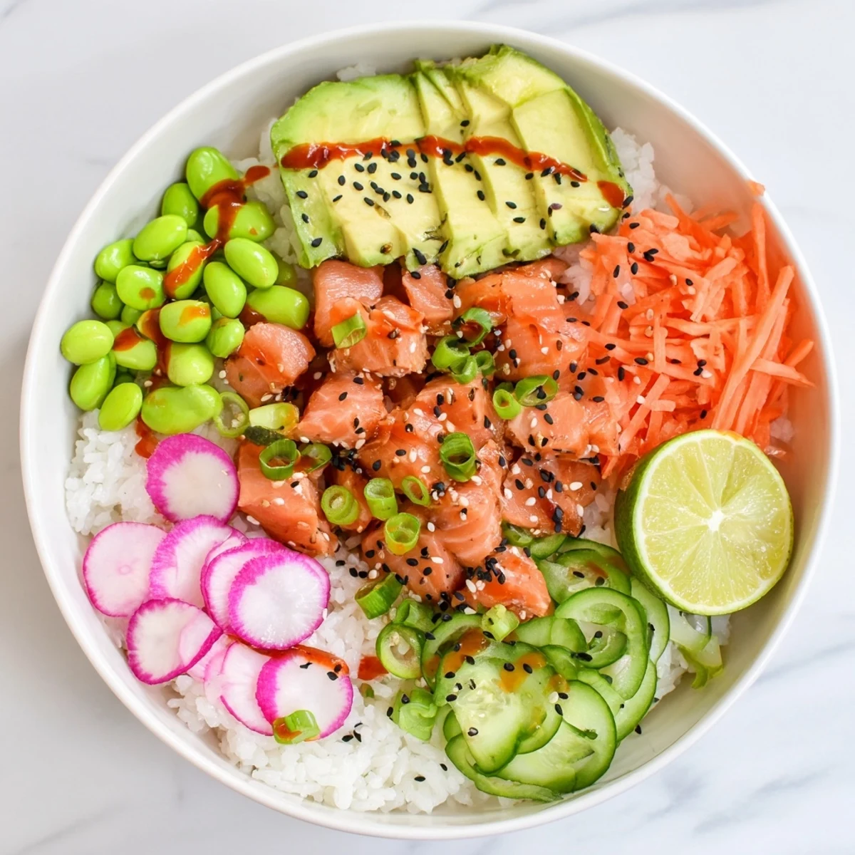 Colorful salmon and avocado poke bowl with fresh vegetables over seasoned sushi rice