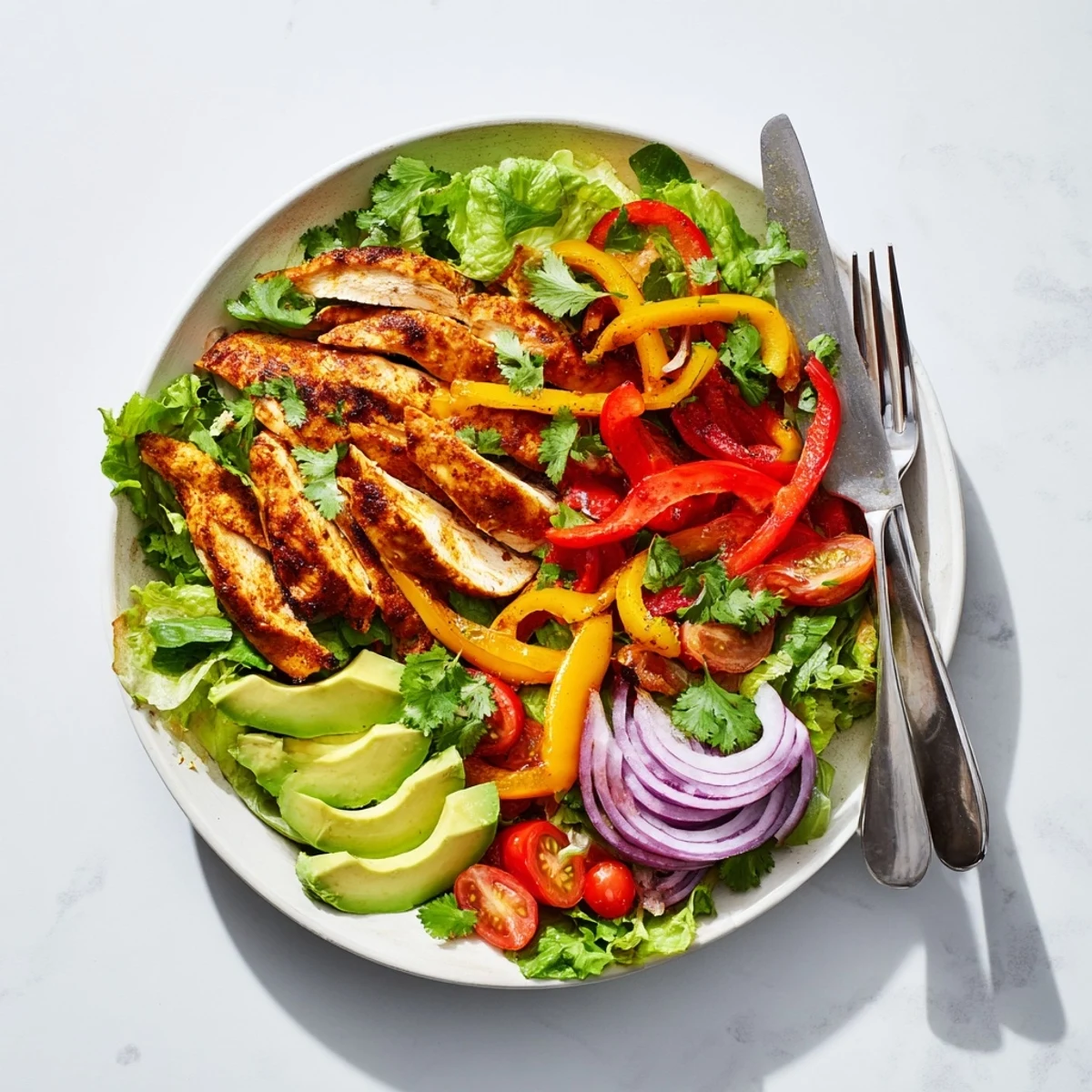 Colorful grilled chicken fajita salad recipe topped with sliced spiced chicken strips, crisp bell peppers, avocado and fresh cilantro