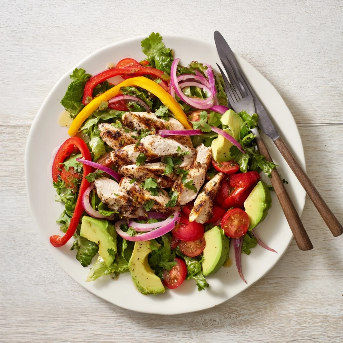 Healthy grilled chicken fajita salad recipe featuring juicy marinated chicken over mixed greens with red onion, tomatoes and zesty lime dressing