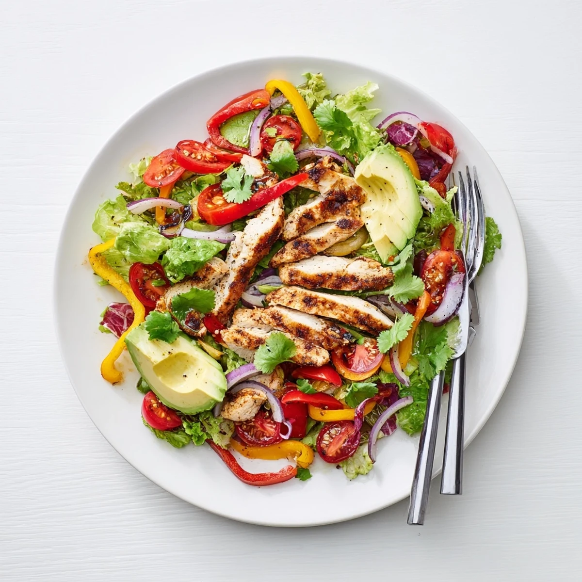 Plated grilled chicken fajita salad recipe with warm seasoned chicken breast, colorful vegetables and creamy avocado drizzled with tangy dressing