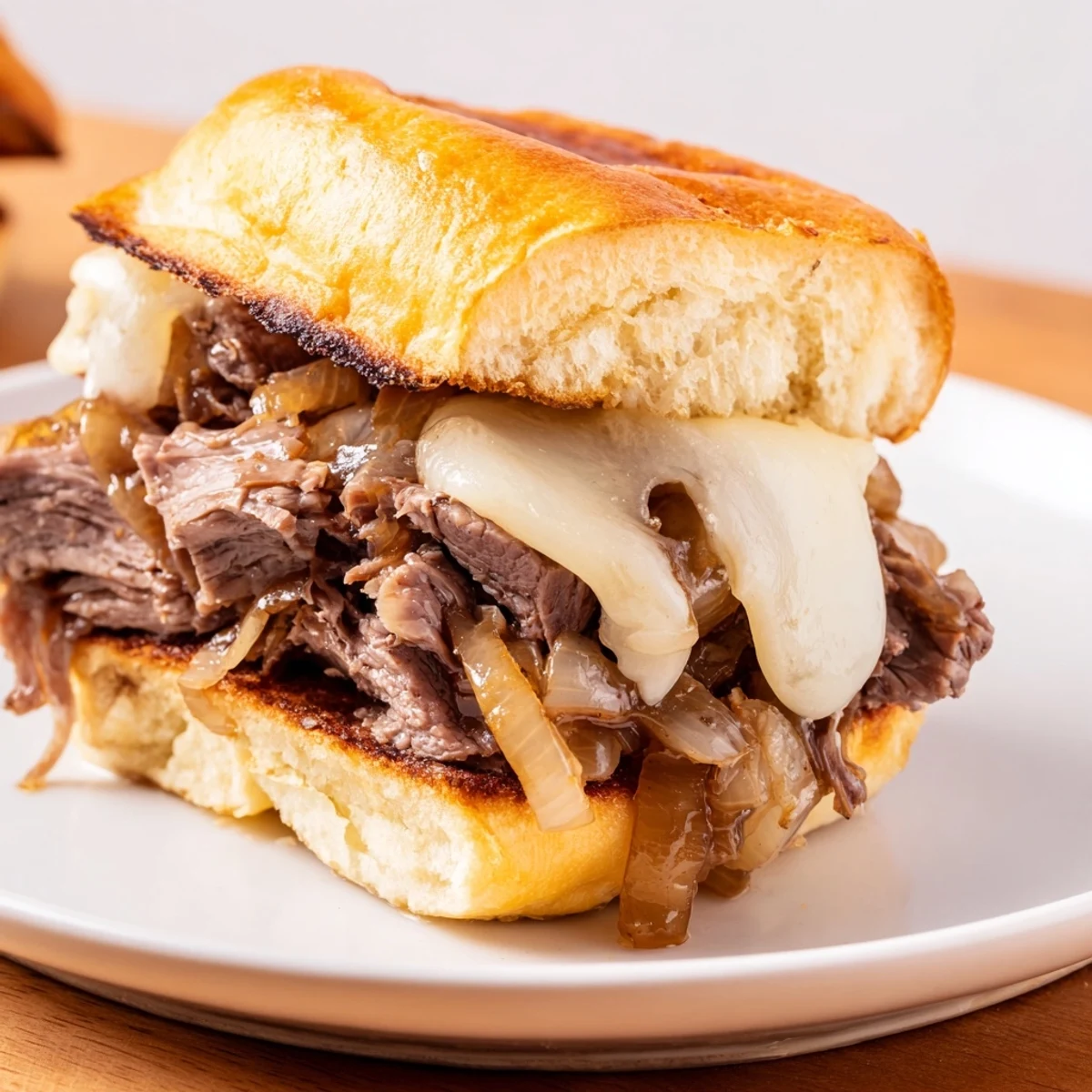 Golden French dip sliders stacked with tender roast beef and melted provolone on toasted rolls