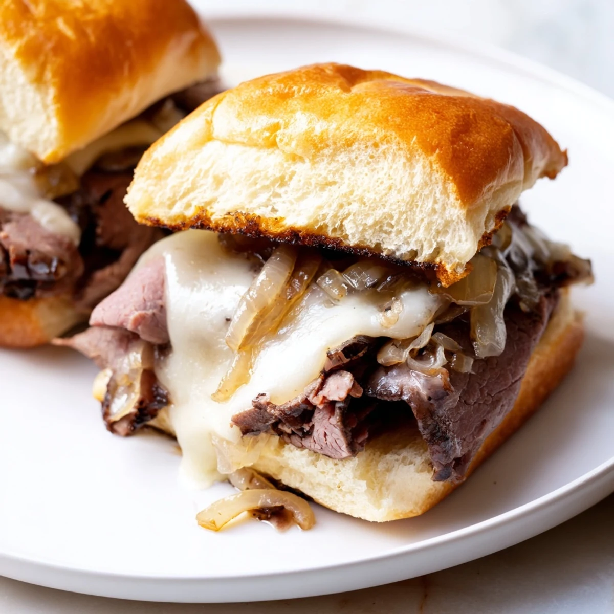Baked French dip sliders recipe featuring caramelized onions and savory beef au jus for dipping