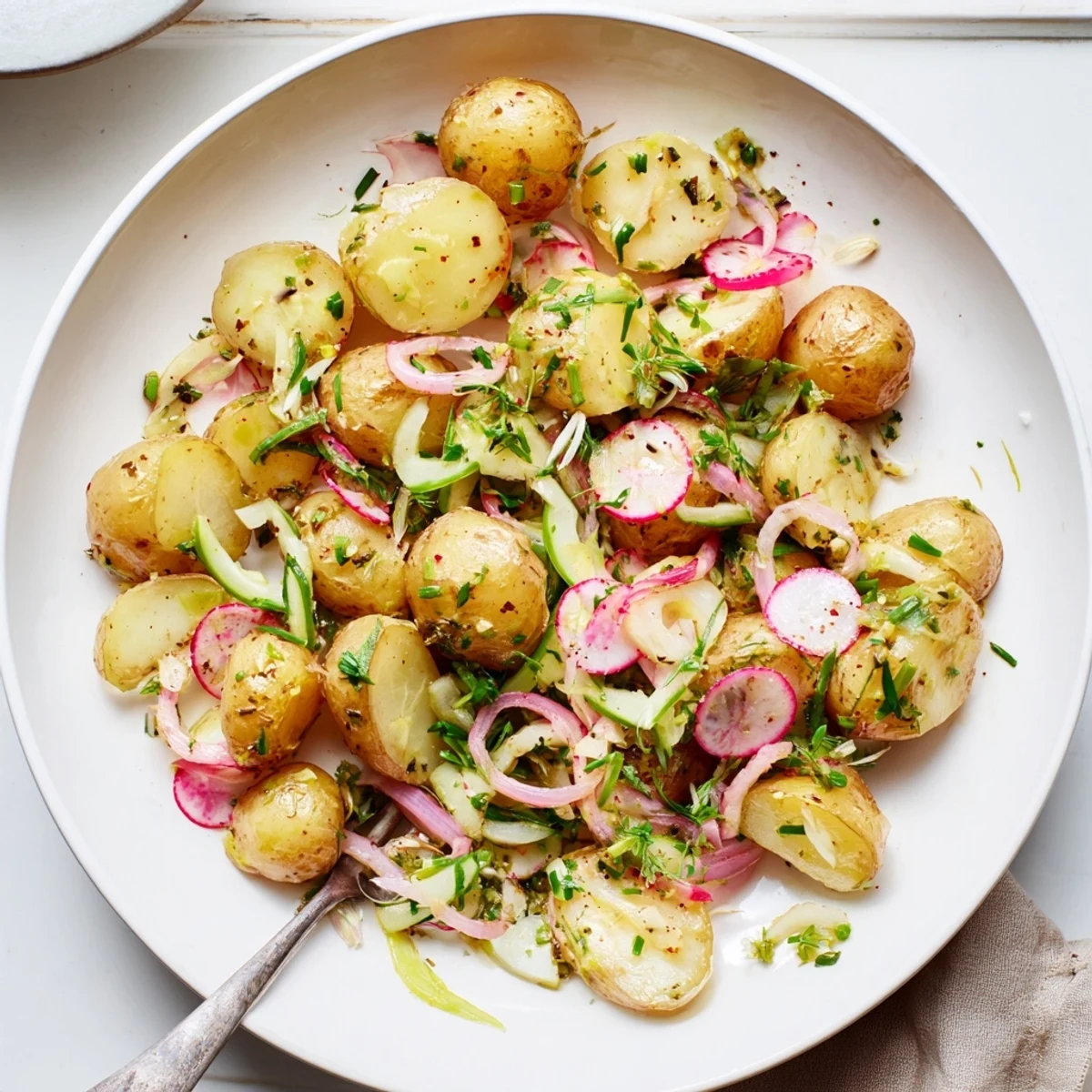 Golden roasted potato salad with fresh herbs, red onion, and tangy mustard dressing in a white serving bowl.