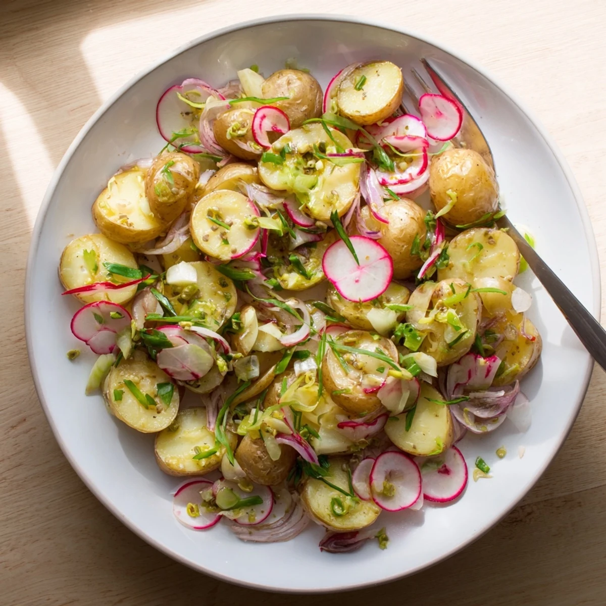 Colorful roasted potato salad featuring crispy baby potatoes, crisp radishes, celery, and bright green chives on a rustic wooden table.