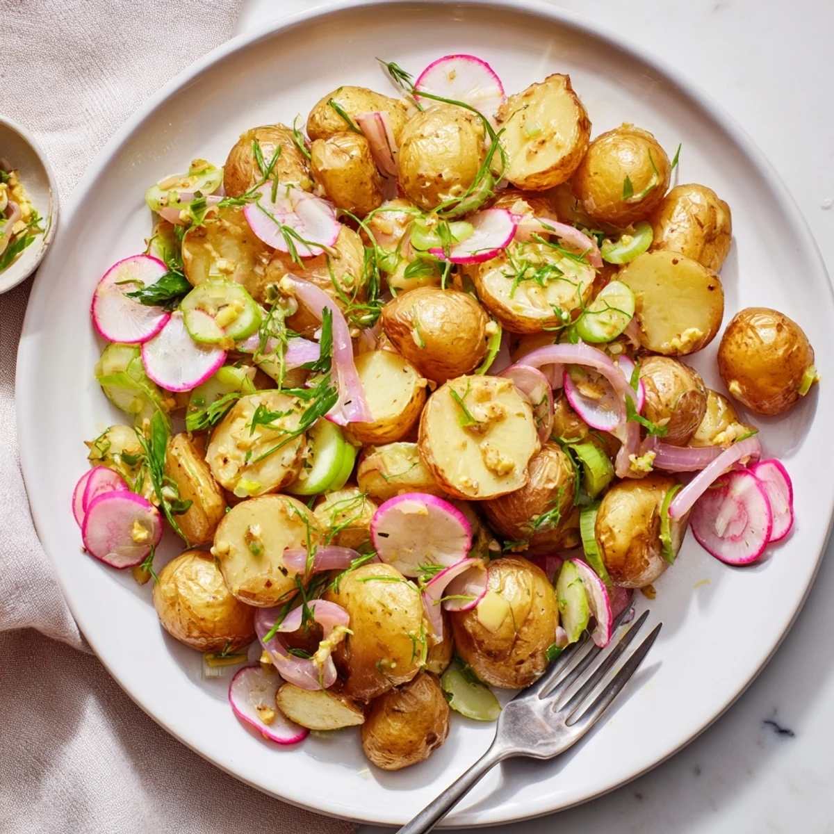 Warm roasted potato salad tossed with zesty Dijon dressing and colorful vegetables, ready for your summer picnic or barbecue gathering.