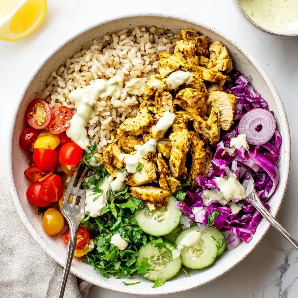 Golden spiced chicken shawarma bowl with fresh vegetables and creamy tahini yogurt sauce