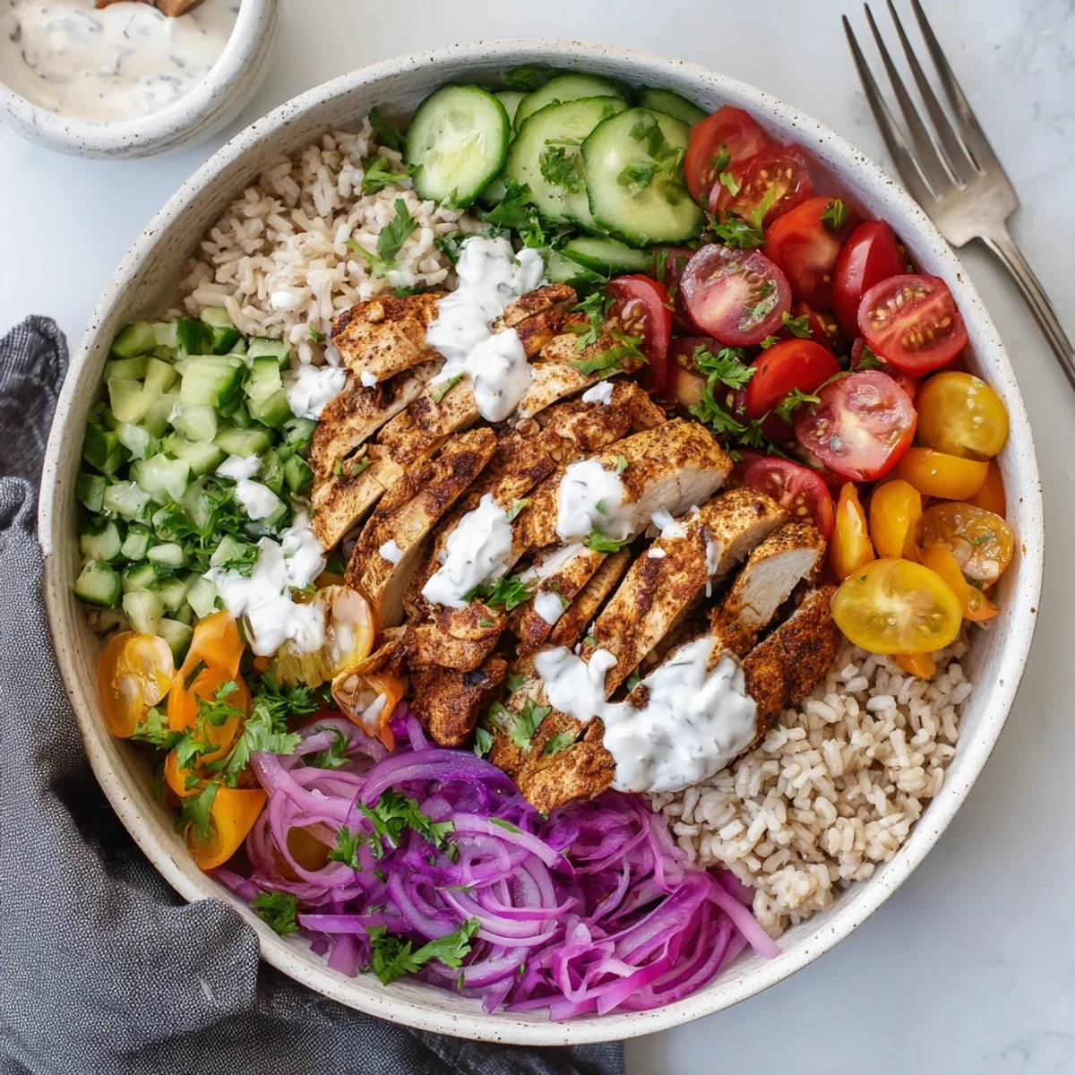 Protein-packed chicken shawarma bowl drizzled with tangy tahini sauce surrounded by crisp veggies