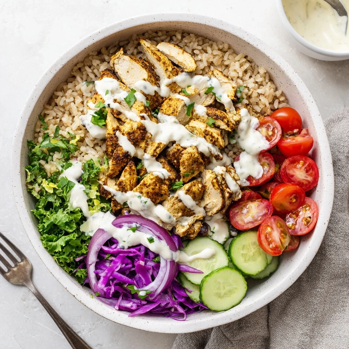 Healthy chicken shawarma bowl featuring marinated slices over colorful vegetables and fluffy grains