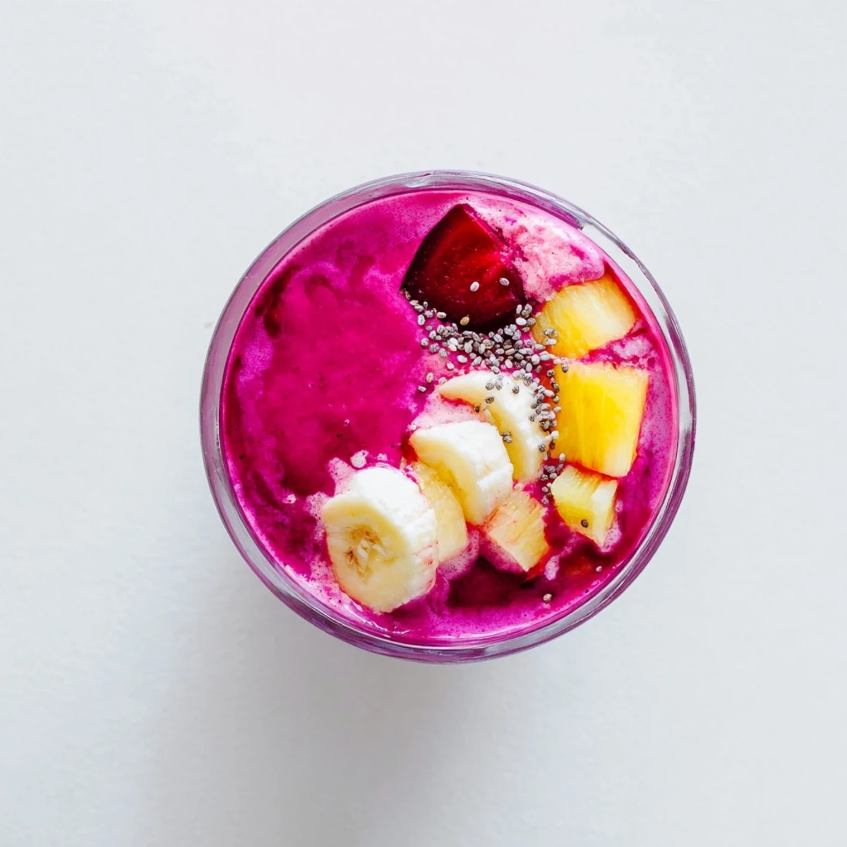 Creamy beet smoothie poured into a mason jar with banana slices and strawberries visible in the blended drink