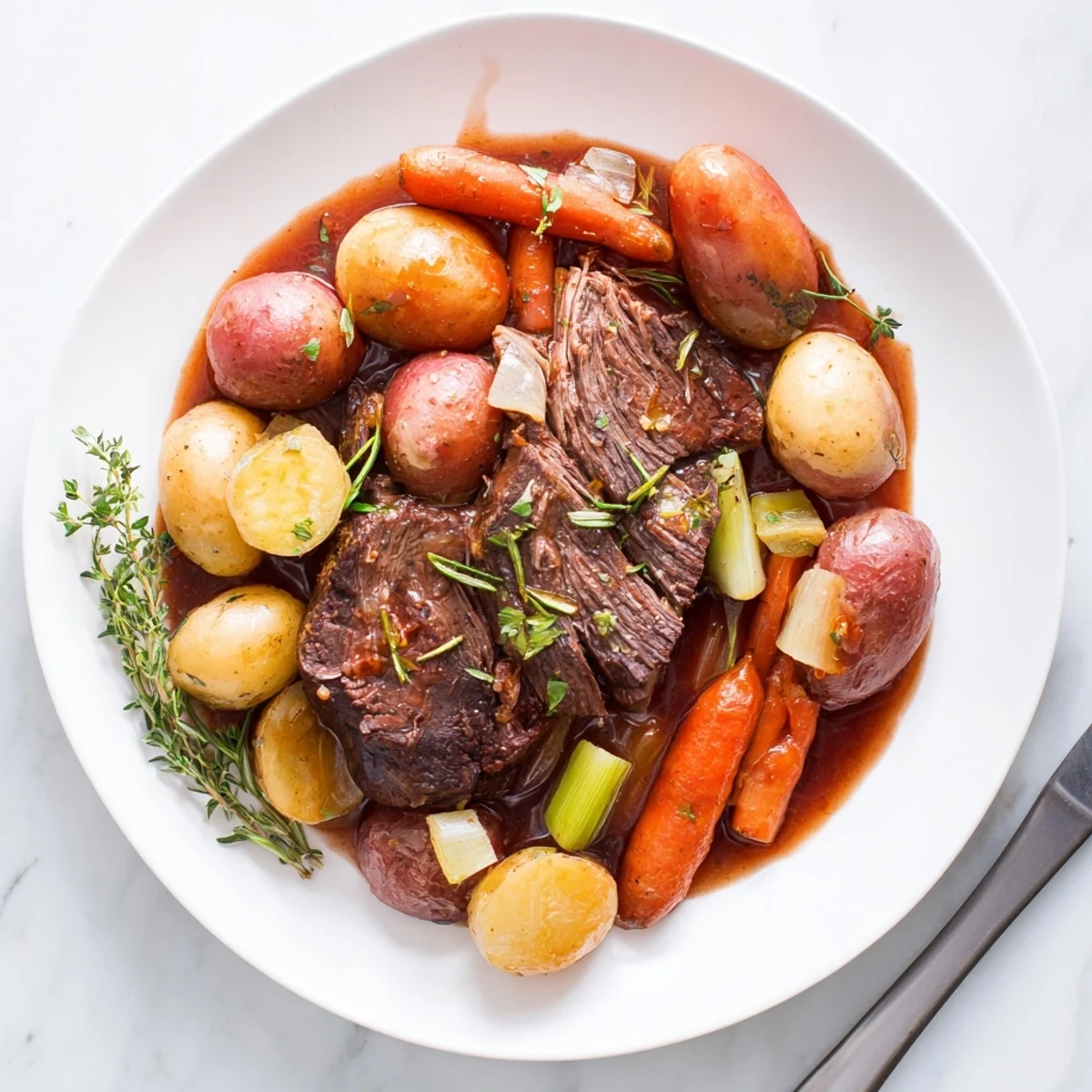 Savory braised beef chuck roast sliced on a white plate with roasted vegetables