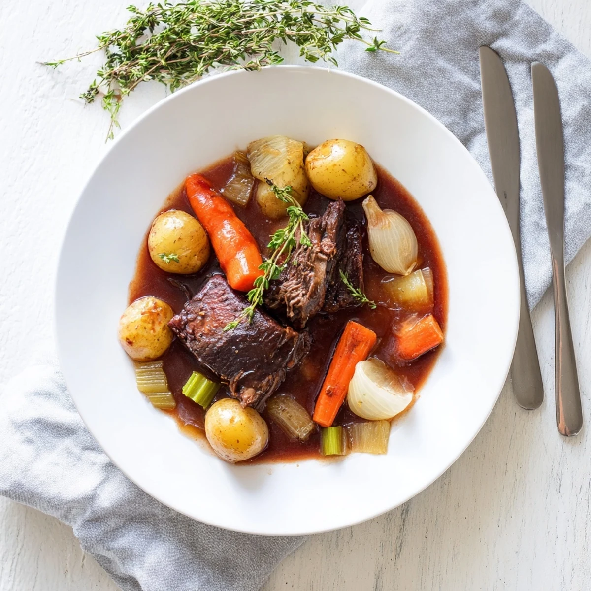 Slow-cooked herb braised beef chuck roast in a Dutch oven with fresh rosemary