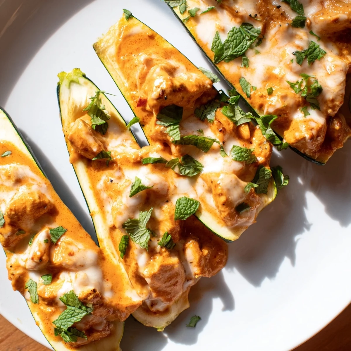 Golden zucchini boats overflowing with creamy butter chicken and garnished with vibrant fresh cilantro and mint
