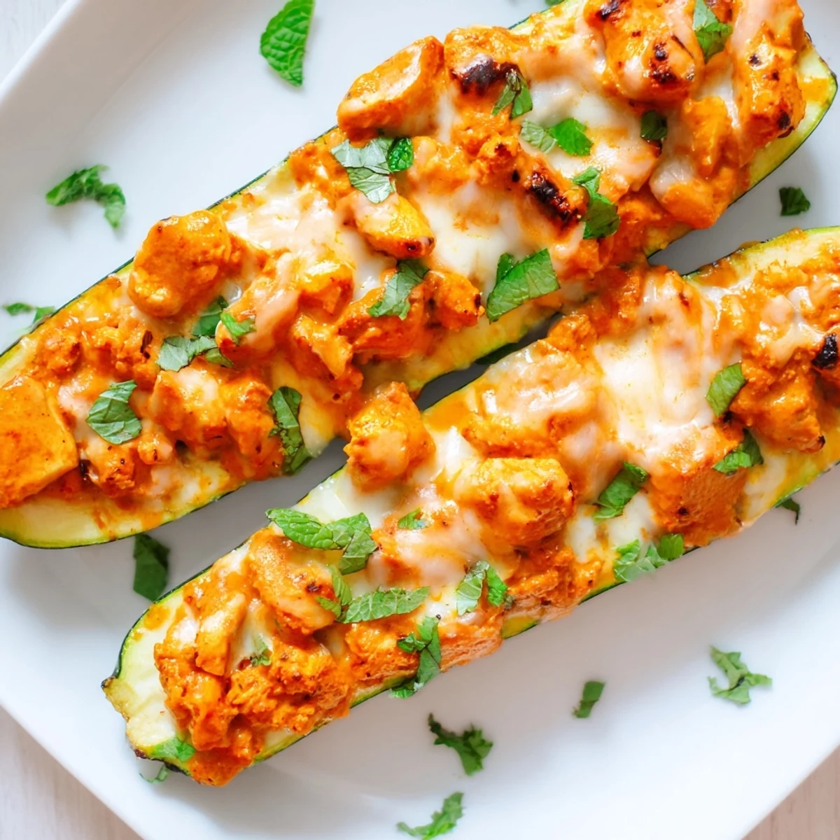 Baked tender zucchini halves filled with spiced butter chicken sauce topped with melted mozzarella cheese
