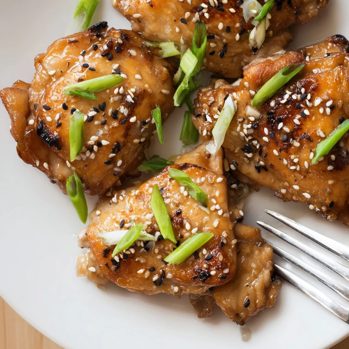 Golden garlic black pepper chicken thighs garnished with fresh green onions and sesame seeds