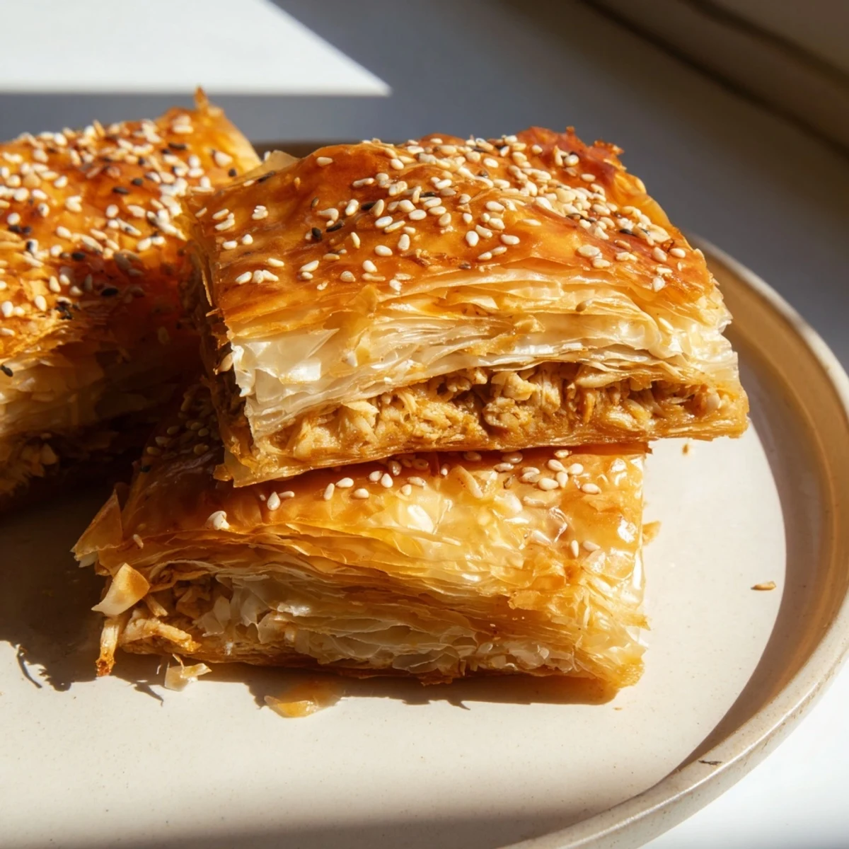Golden Moroccan spiced chicken briouats with crispy phyllo pastry and aromatic herbs
