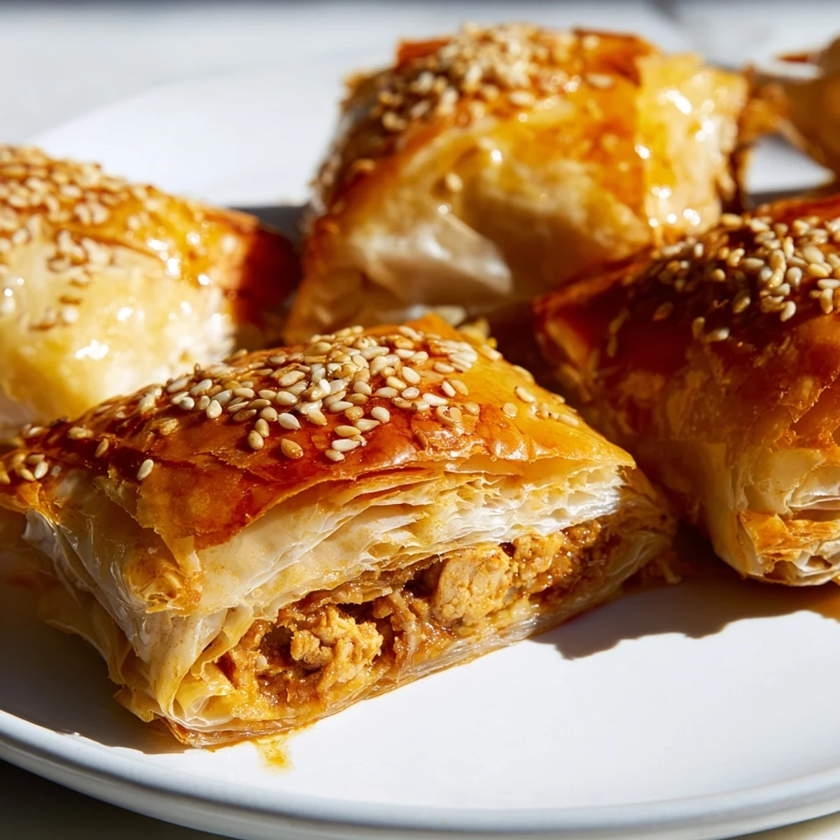 Homemade Moroccan spiced chicken briouats baked until crisp with sesame seed topping