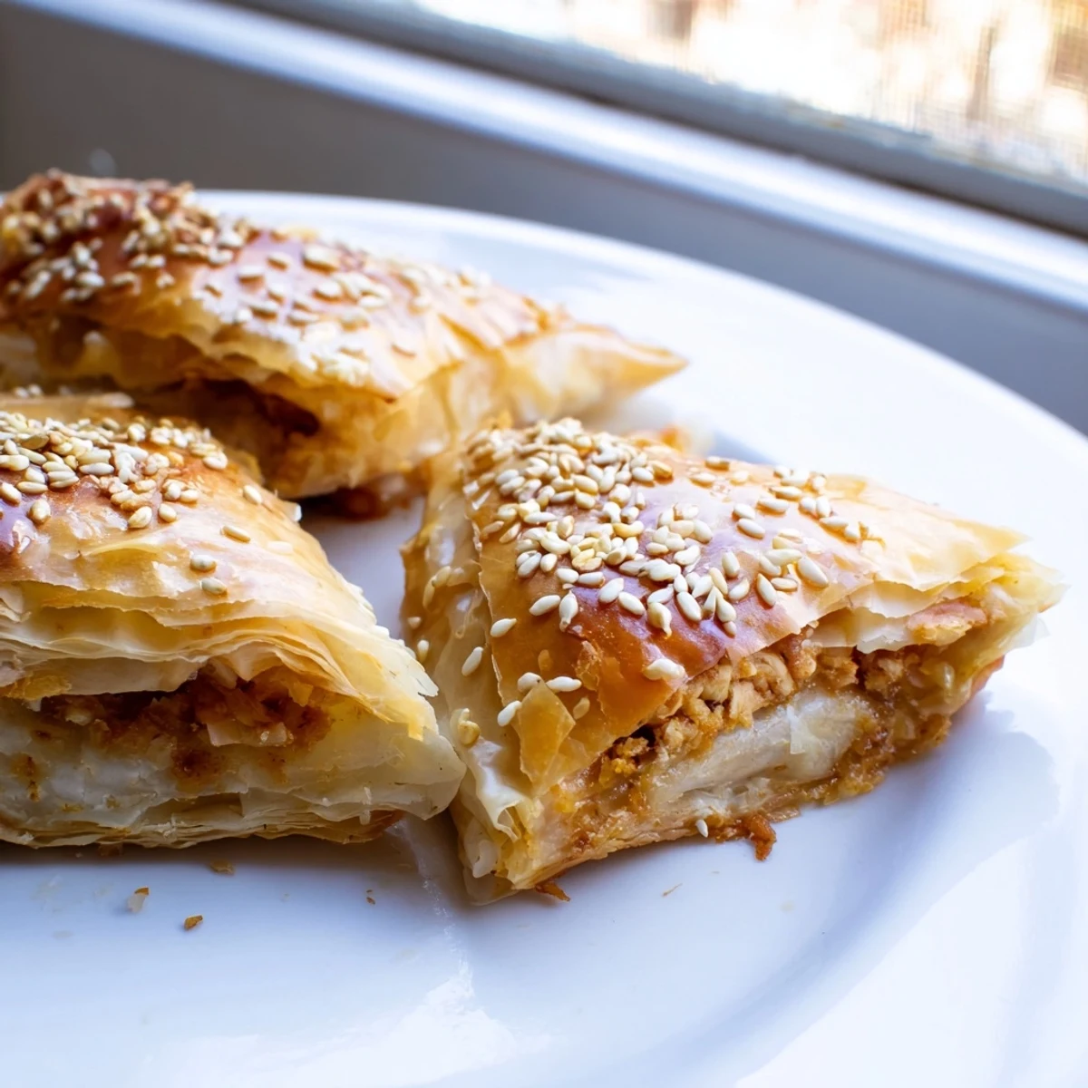Savory Moroccan chicken briouats featuring spiced filling wrapped in buttery golden phyllo triangles