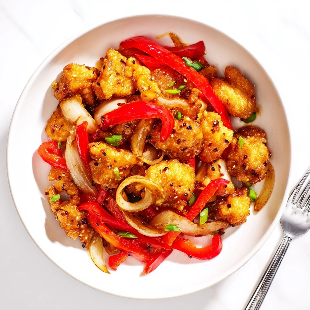 Juicy fried chicken coated in cornstarch crust with aromatic cracked black pepper and colorful vegetables