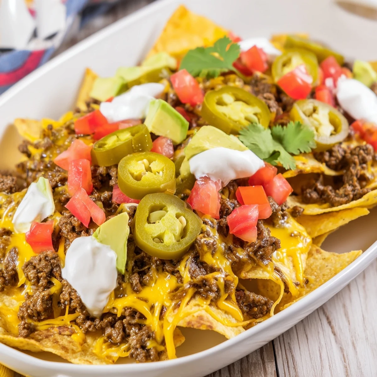 Golden Texas Nachos piled high with melted cheddar, seasoned beef, and colorful fresh toppings