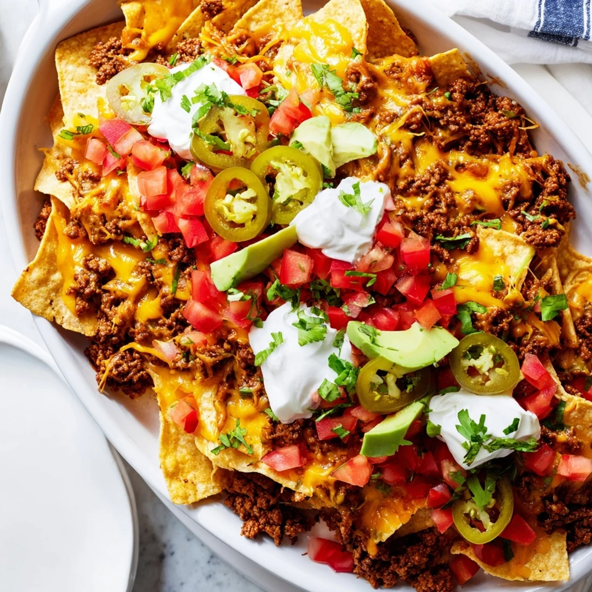 Crispy tortilla chips layered with spiced ground beef and bubbling cheese in this Texas Nachos recipe