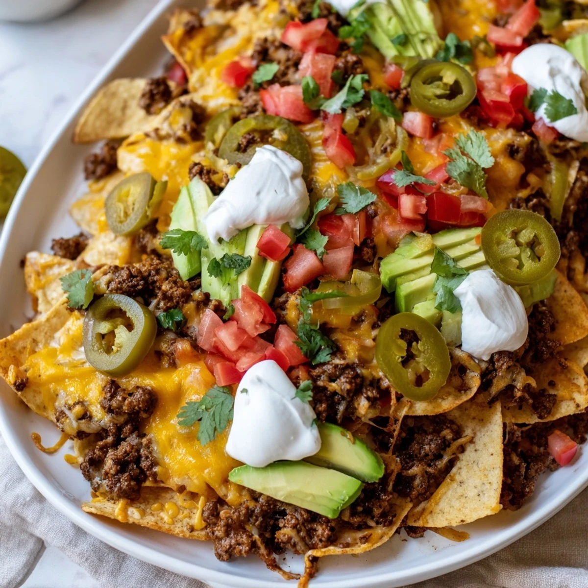 Heaping plate of Texas Nachos topped with sour cream, guacamole, jalapeños, and fresh cilantro