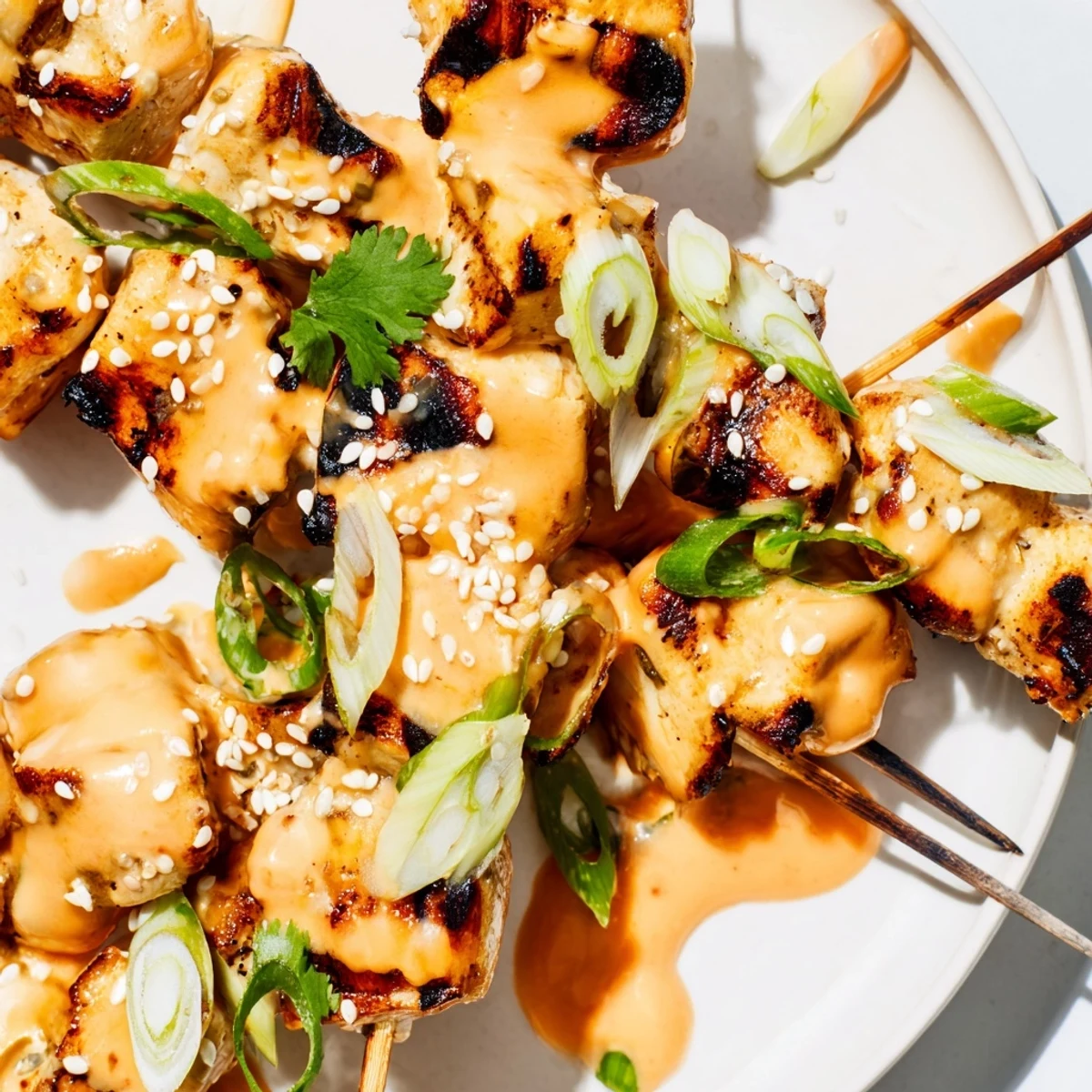 Golden grilled Bang Bang Chicken Skewers coated in creamy spicy red sauce with sesame seed garnish