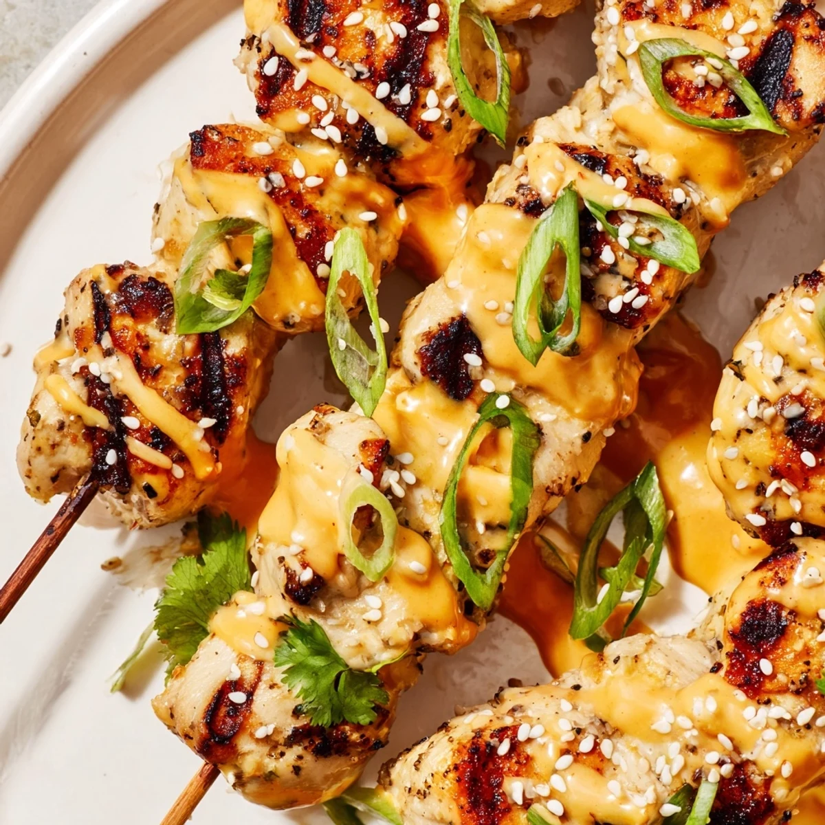 Tender chicken skewers brushed with sweet and spicy Bang Bang sauce topped with fresh scallions