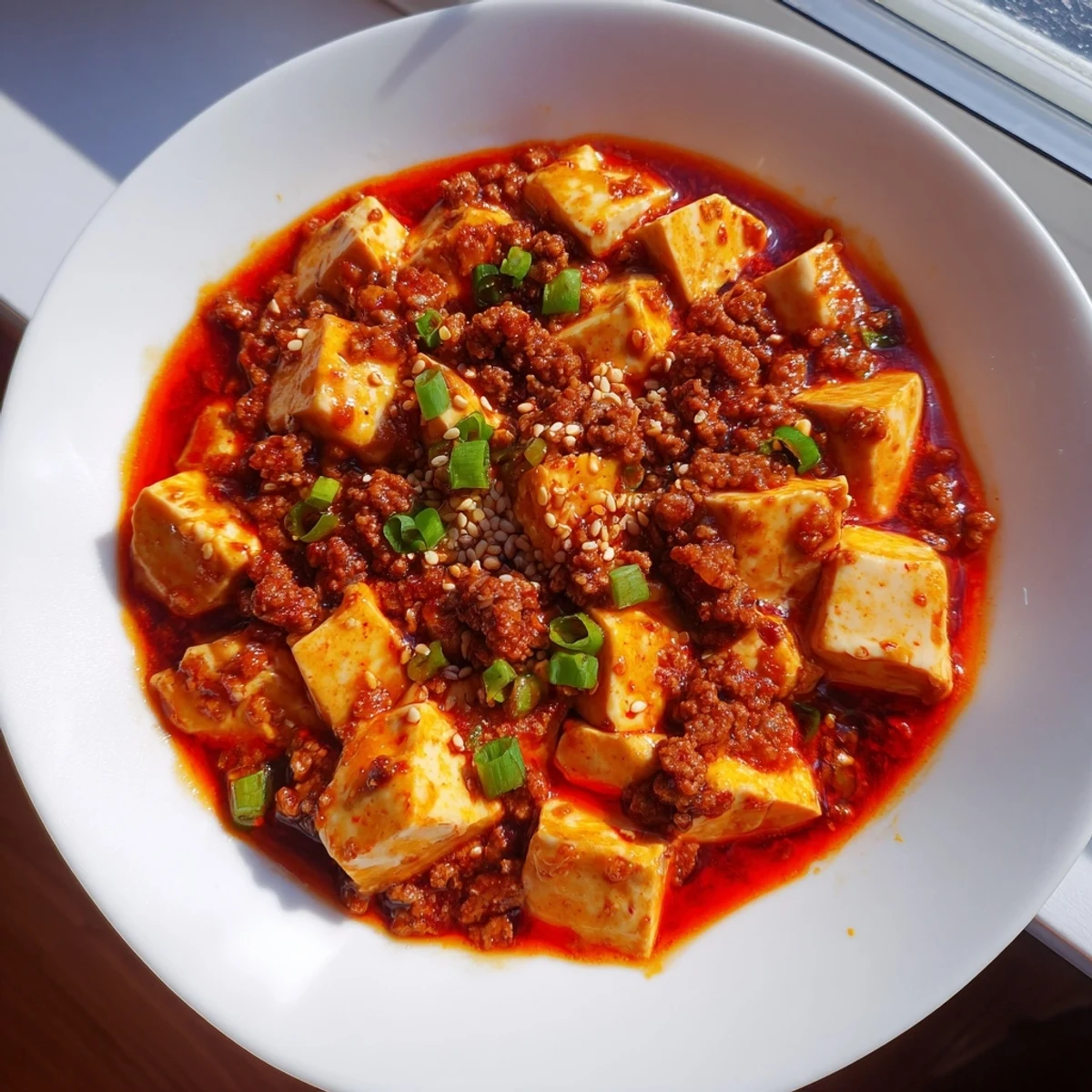 Steaming bowl of mapo tofu udon featuring chewy noodles topped with spicy minced pork and soft tofu cubes in rich red sauce
