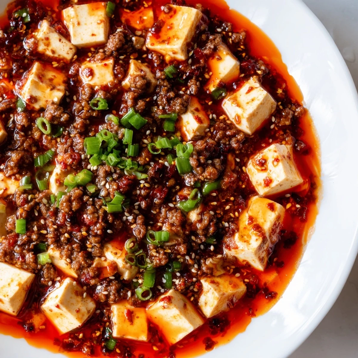 Close up of mapo tofu udon fusion dish with silken tofu pieces and ground meat in aromatic Sichuan peppercorn sauce nestled among udon