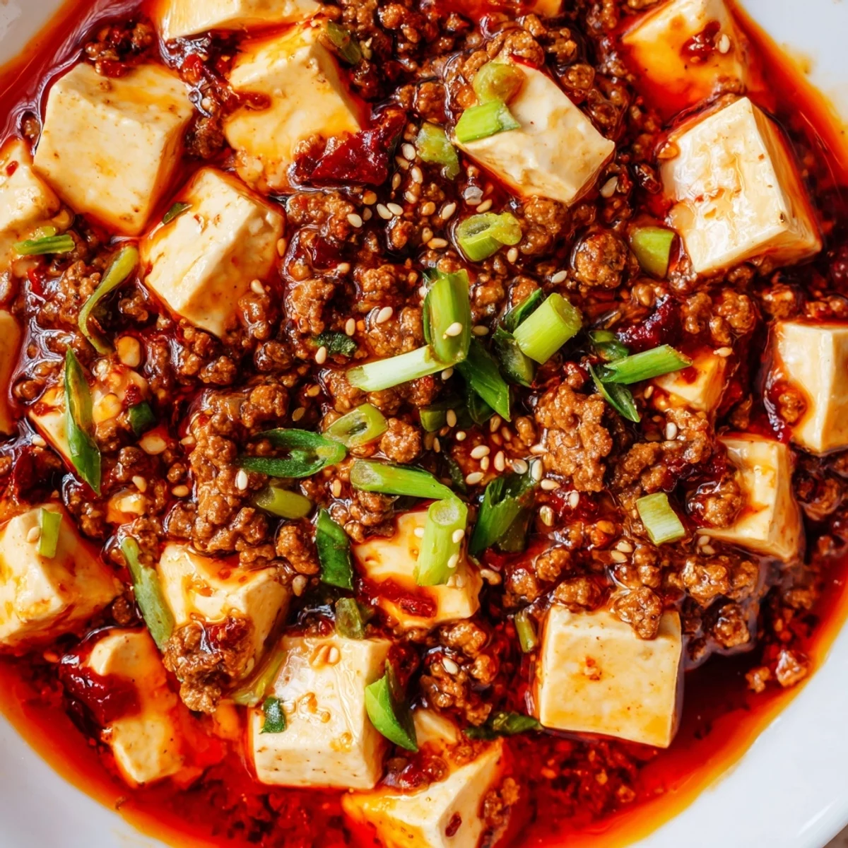 Generous serving of mapo tofu udon garnished with fresh green onions, toasted sesame seeds, and glossy chili-infused sauce over thick wheat noodles