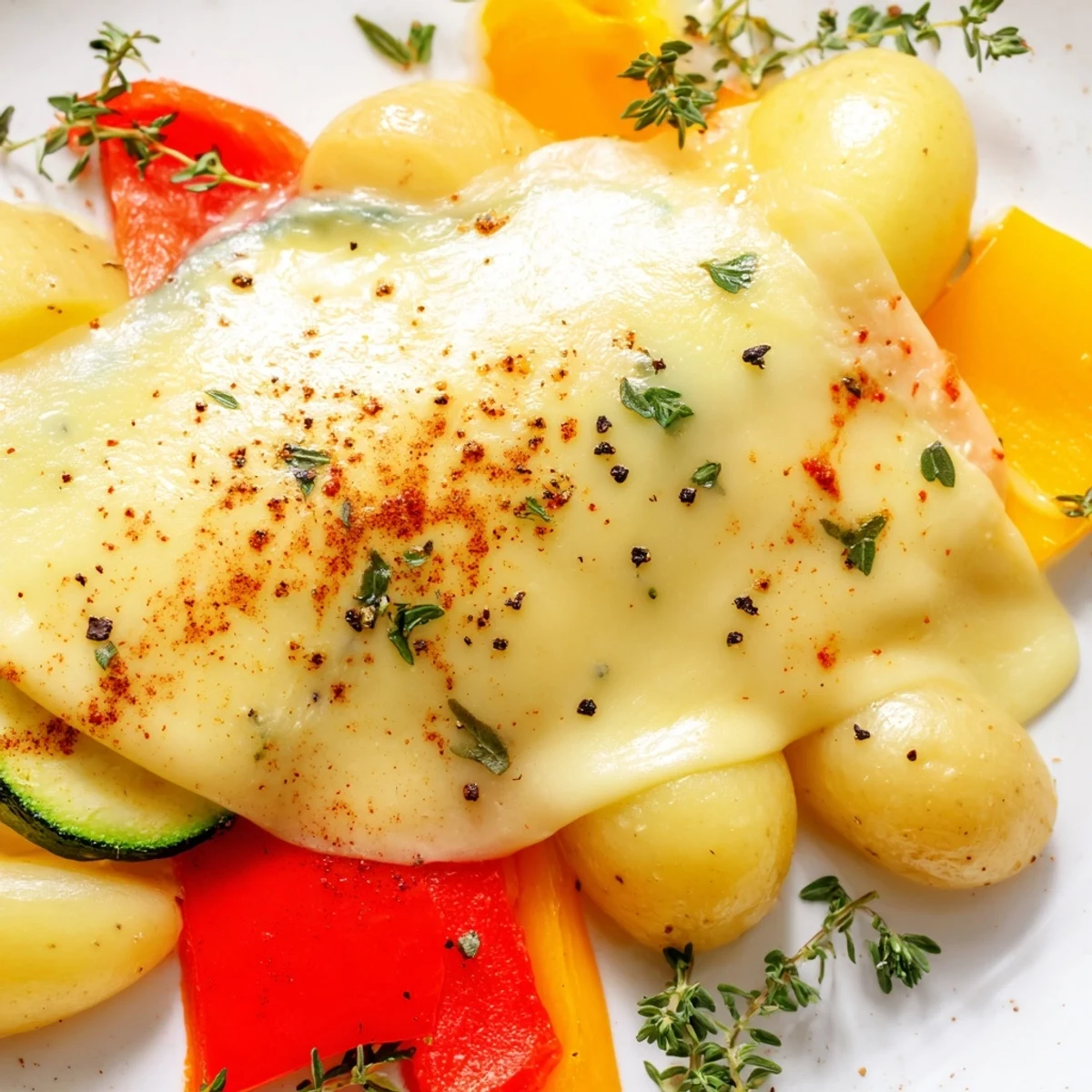 Golden raclette cheese melting over boiled potatoes and colorful vegetables on a wooden serving platter
