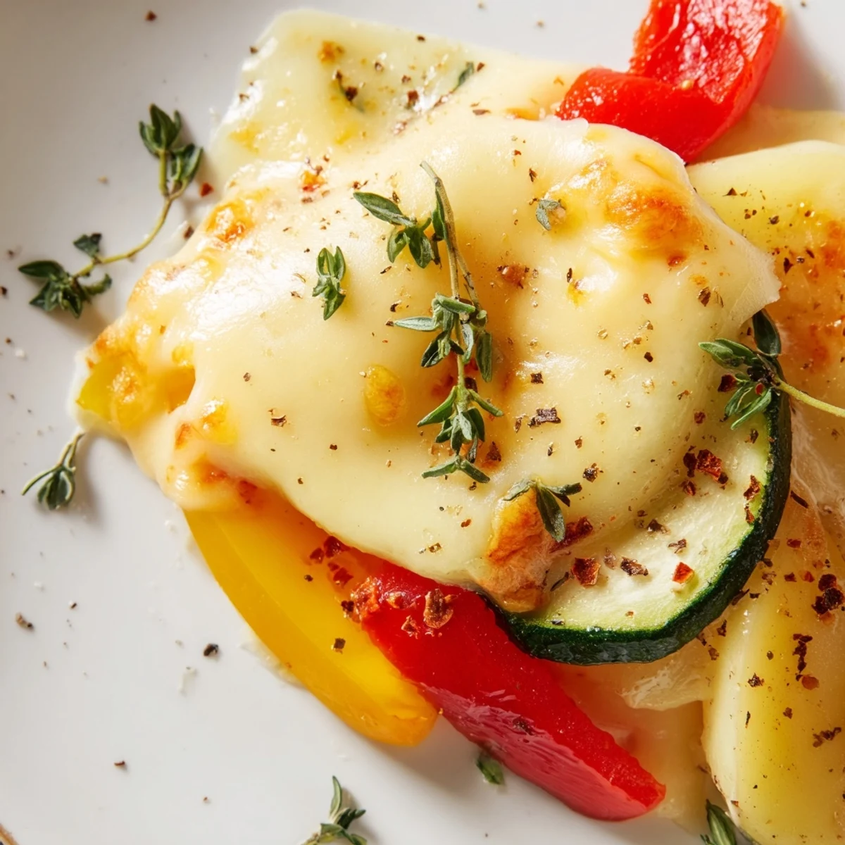 Bubbling Swiss raclette cheese being scraped onto warm potatoes beside pickled cornichons and sliced bell peppers