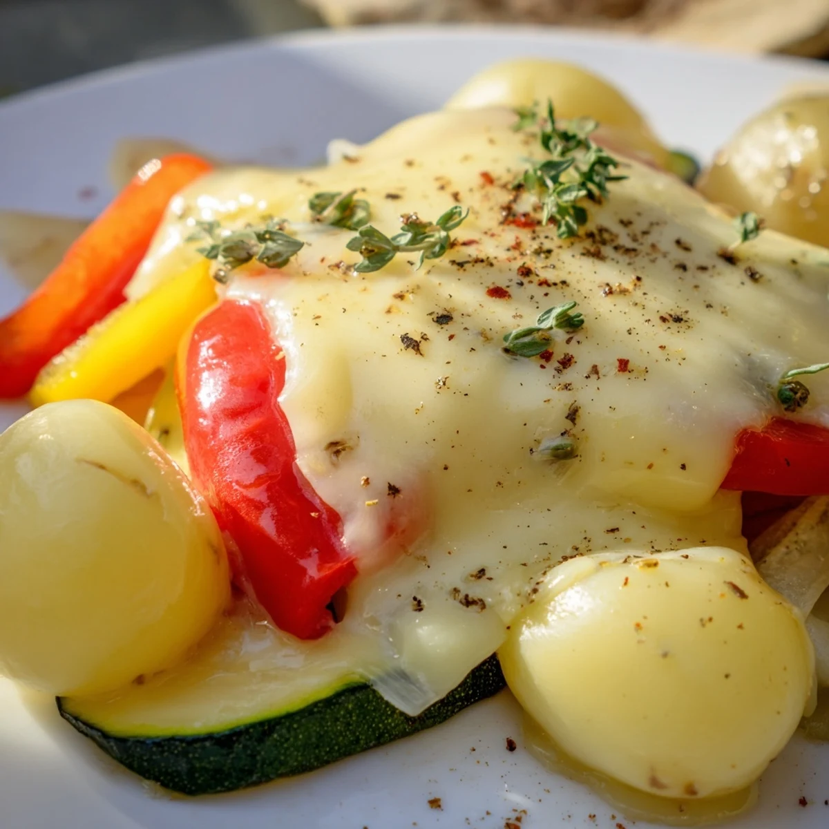 Interactive raclette dinner featuring melted cheese layered over roasted vegetables and cured meats on a communal grill